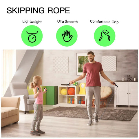 Father and daughter using 10 Pack PVC Jump Ropes For Cardio Fitness Versatile Adjustable Skipping Rope Set For Women Men Kids Speed Jump Rope For Exercise 9 Feet Length Durable Lightweight Construction Perfect For HIIT Warmups And All Skill Levels in living room.