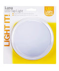 Luna LED Tap Light White Battery Operated Tap On Tap Off 35 Lumens Portable Cabinet Closet Lamp For Dark Corners Emergency Power Outages Wireless No Plugs Needed Single Pack packaging.