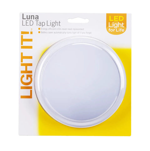 Luna LED Tap Light White Battery Operated Tap On Tap Off 35 Lumens Portable Cabinet Closet Lamp For Dark Corners Emergency Power Outages Wireless No Plugs Needed Single Pack packaging.