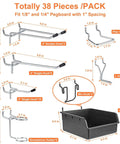 Diagram of Pegboard Hooks And Accessories Kit For 1/8 Inch And 1/4 Inch Pegboards, 38 Piece Set with labeled dimensions.