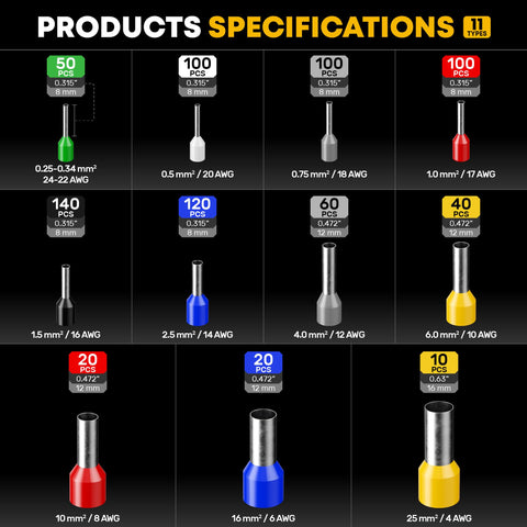 Hex Ferrule Crimping Tool Kit With Self-Adjusting Ratcheting Wire Crimper And 11-Type Terminal Assortment, product specifications