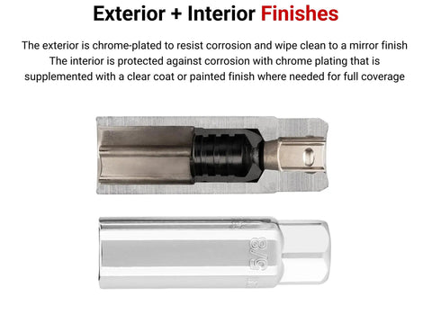 Cross-section of 3/8 Inch Drive Spark Plug Socket Set showing chrome-plated exterior for corrosion resistance, focus keyword.