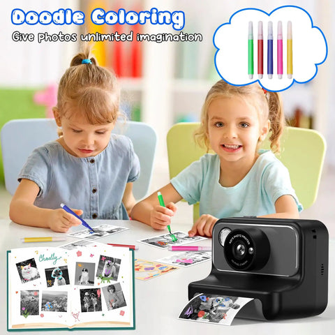 Instant Print Kids Camera For Fun Photos And Videos 10X Digital Zoom 2.4 Inch LCD Screen Flashlight Time Lapse Burst Mode DIY 21 Cute Frames 8 Mirror Effects 6 Filters A Perfect Gift For Christmas And Bday, kids coloring scene