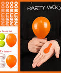 Top Shelf Fifty Piece Assorted Rainbow Five Inch Thick Durable Latex Balloons For Weddings Birthdays And Bashes Fresh Multicolor Party Decor in orange held in hand.