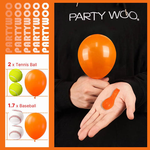 Top Shelf Fifty Piece Assorted Rainbow Five Inch Thick Durable Latex Balloons For Weddings Birthdays And Bashes Fresh Multicolor Party Decor in orange held in hand.