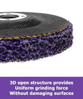 Close-up of Six Pack 4 Inch Stripping Discs for Angle Grinder 5/8 Inch Arbor showcasing purple silicon carbide material.