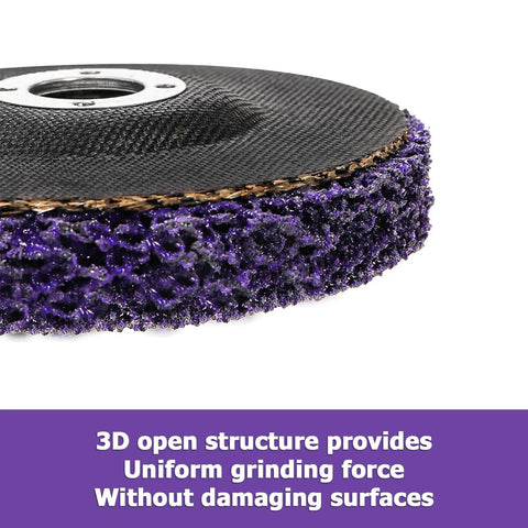 Close-up of Six Pack 4 Inch Stripping Discs for Angle Grinder 5/8 Inch Arbor showcasing purple silicon carbide material.