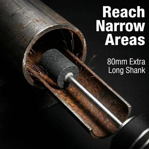 Extra Long 1/4 Inch Shank Aluminum Oxide Grinding Stones Set of 8 for Rotary Tools and Drills in use on metal pipe