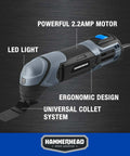 Hammerhead 2.2-Amp oscillating multi-tool with blue and black body and LED light, shown with blades and sanding papers