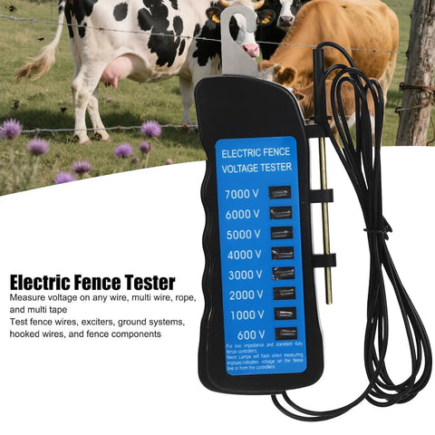 High Precision Electric Fence Voltage Tester With Six Neon Indicator Lights Ultra Portable Fence Meter For Livestock Pros And Orchard Fences Keeping Safety Checks Simple And Quick Detect Faults Fast. Handheld plastic fence tester with probe, for livestock fences.