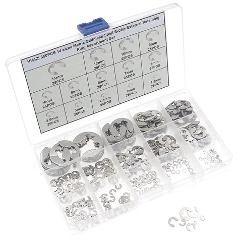 Stainless Steel External Retaining Ring E Clip Assortment Kit, 14 Sizes, 350 Pieces, Metric Circlips Set in plastic case