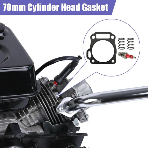 High Compression Cylinder Head Gasket Kit 010 70mm For Predator 212cc 224cc 196cc GX160 GX200 Gas Engines And With 26lb Valve Springs, displayed with engine and parts.