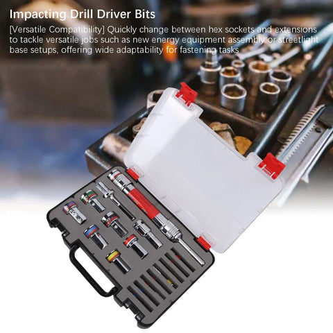Dope And Heavy Duty 17 Piece Drill Bit And Impact Driver Kit Made From Tough Alloy Steel For Super Fast Changing Hex Sockets And Extensions On Metal Wood Or Plastic Jobs, 17-piece set in case