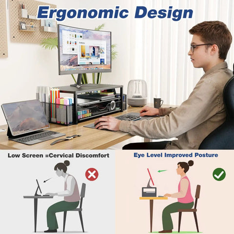 Desk Organizer and Monitor Stand With Drawer and Two Pen Holders for Laptop Setup, black ergonomic riser with drawer