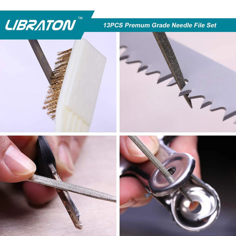 LIBRATON 13-piece needle file set with jewelers and steel files, brush, and carry case