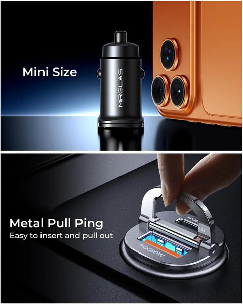 125W Fast Car Charger With USB C PD65W And USB A QC60W Quick Charge All Metal Cigarette Lighter Adapter with phone in background