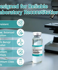 Front view of a 30mL glass vial of Reconstitution Solution with a teal label, in a laboratory beside a microscope