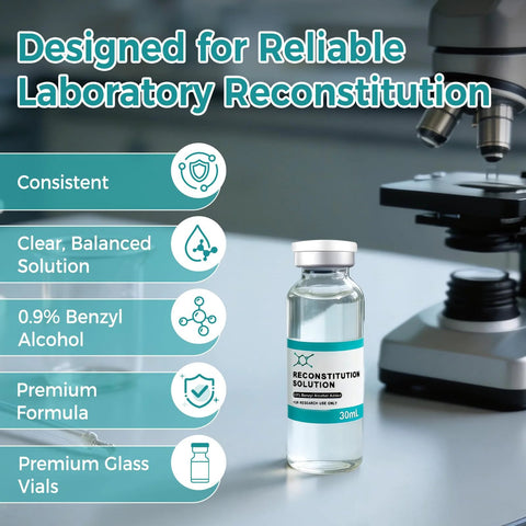 Front view of a 30mL glass vial of Reconstitution Solution with a teal label, in a laboratory beside a microscope