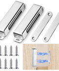 Two Pack Magnetic Door Catch 150lb Heavy Duty Stainless Steel Cabinet Magnets For Closet Wardrobe Cupboard Kitchen Bathroom Includes 8 Screws 3.74 Inch, displayed with screws and installation illustration.