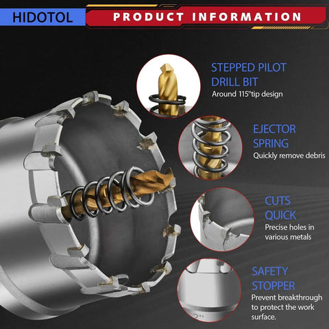 HIDOTOL 20pc TCT carbide hole saw kit with stepped pilot drill bits and aluminum case (front view)
