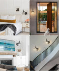 Collage of Industrial 1 Light Black Vanity Sconce with glass shade in bedroom, entryway, living room, and staircase settings.