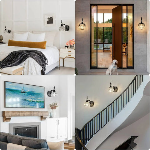 Collage of Industrial 1 Light Black Vanity Sconce with glass shade in bedroom, entryway, living room, and staircase settings.