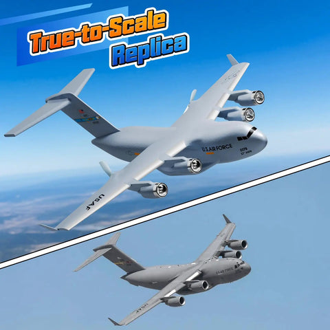 True-to-scale replica of Ready to Fly RC C-17 Globemaster III Plane With 6 Axis Gyro Stabilizer shown in flight from two angles.