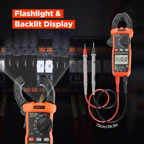 Digital Clamp Meter Multimeter 6000 Counts With Auto Ranging True RMS For AC And DC Current And Voltage featuring flashlight and backlit display