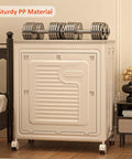 Roomy Foldable Clothes Storage Bin With Tight Seal Lid And Easy Roll Wheels, 125 Quart Heavy Duty Closet Organizer in light color with weights on top.