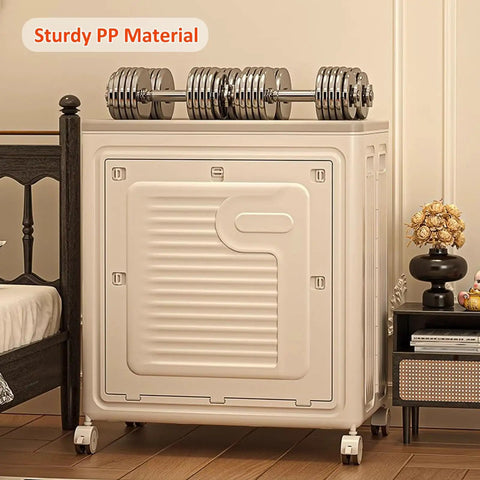 Roomy Foldable Clothes Storage Bin With Tight Seal Lid And Easy Roll Wheels, 125 Quart Heavy Duty Closet Organizer in light color with weights on top.