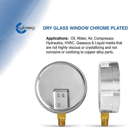 Front and side view of Dry 30 PSI Pressure Gauge With 4 Inch Dial Lower Mount Quarter Inch NPT Chrome Plated Steel Case Brass Wetted Parts
