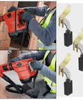 Worker using rotary hammer; inset: Two Pairs Carbon Brushes For Hilti TE60 TE72 Rotary Hammer Motor With Automatic Stop 23x12.5x6.3mm