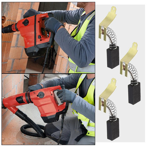 Worker using rotary hammer; inset: Two Pairs Carbon Brushes For Hilti TE60 TE72 Rotary Hammer Motor With Automatic Stop 23x12.5x6.3mm