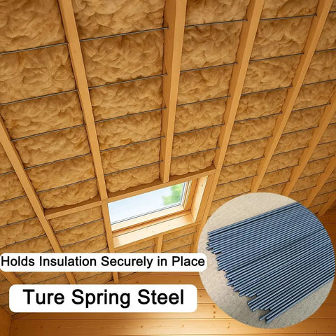Insulation held securely in place with Solid As A Rock Spring Steel Insulation Support Wires 16 Inch 50 Pack in a ceiling.
