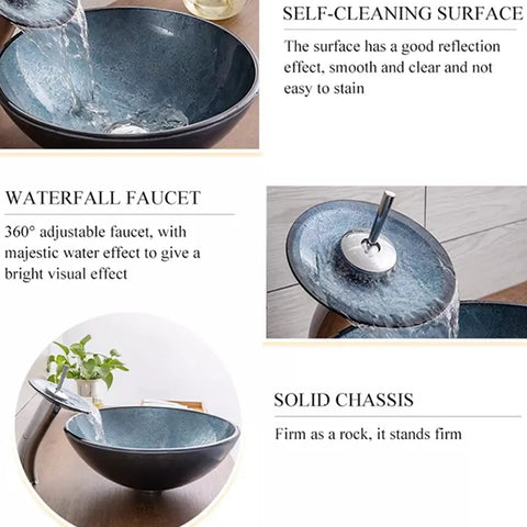 USZWBY Blue Bathroom Vessel Sink,Round 16.5" Tempered Glass Vessel Vanity Sink shown with waterfall faucet and smooth self-cleaning surface.