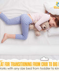 Girl sleeping with teddy bear, showcasing Two Pack Memory Foam Toddler Bed Rail Bumpers With Dual Non Slip Pads Top And Bottom Waterproof Washable Soft Removable Cover Safety Noodle For King Queen Full And Twin Beds in use.