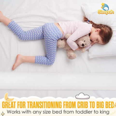 Girl sleeping with teddy bear, showcasing Two Pack Memory Foam Toddler Bed Rail Bumpers With Dual Non Slip Pads Top And Bottom Waterproof Washable Soft Removable Cover Safety Noodle For King Queen Full And Twin Beds in use.