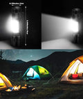 4 Pack Rechargeable Zoomable Mini Clip On Flashlights With Side COB Light USB C Recharge 500mAh Battery Super Lightweight EDC Lanterns, shown illuminating a campsite.