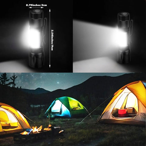 4 Pack Rechargeable Zoomable Mini Clip On Flashlights With Side COB Light USB C Recharge 500mAh Battery Super Lightweight EDC Lanterns, shown illuminating a campsite.