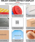 Straight Up Industrial Automatic Coding Machine Label Printer For Assembly Line Barcode QR Code And Date Marking Compact Packaging Automation Tool With No Fuss Setup And Rock Solid Performance displaying inkjet printing effects on various materials.