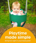 Baby in green Outdoor Baby Swing For Toddlers With High Back Bucket Seat Heavy Duty Coated Chains Fully Assembled Backyard Swing Set Accessory
