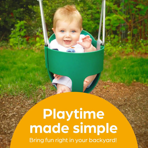 Baby in green Outdoor Baby Swing For Toddlers With High Back Bucket Seat Heavy Duty Coated Chains Fully Assembled Backyard Swing Set Accessory