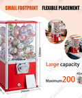 Coin Operated Vending Machine For Capsule Toys, Candy, And Bubble Gum, Holds 200 Balls, Gashapon Style, product dimensions displayed