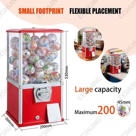 Coin Operated Vending Machine For Capsule Toys, Candy, And Bubble Gum, Holds 200 Balls, Gashapon Style, product dimensions displayed