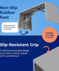 Close-up of non-slip rubber feet and grip of Porta Traveler Foldable Toilet Stool For Travel 7 Inch Height Gray Portable Discreet Carry On Accessory Built For On The Go Bathrooms Ideal For Camping Road Trips And Air Travel Easy To Fold Lightweight Durable Non Slip Design