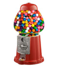 Killer Vintage Style Red Cast Metal 11 Inch Self Serve Gumball Candy Dispenser Holds Sweet Treats Jellybeans Hard Candy Mixed Nuts with colorful gumballs.