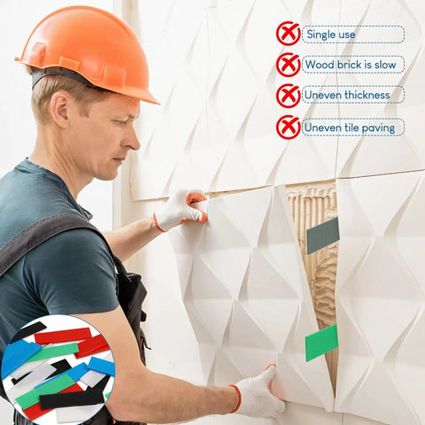 Man using Rock Solid 600 Piece Plastic Flat Tile Shims For Structural Leveling on wall panel installation.