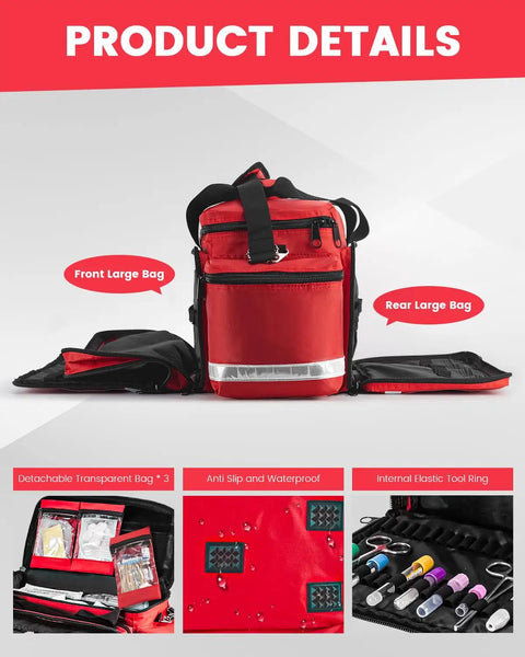 EMT First Aid Bag For Pros, Water Resistant Medical Kit With 360 Degree Reflective Trim, 21 Compartments, 4 Dividers