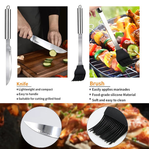 Close-up of knife cutting vegetables and brush on BBQ grill from 11 Piece Stainless Steel BBQ Tool Set With Storage Bag For Outdoor Grilling Camping And Backyard Use Dad Gifts For Fathers Day Includes Tongs Spatula Fork Knife Skewers Brush And Grill Cleaning Brush.