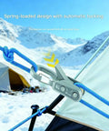 Rope Tightener And Guyline Tensioner 6 Pack For Camping Heavy Duty Retractable Paracord With Alloy Carabiner Clips in snowy campsite